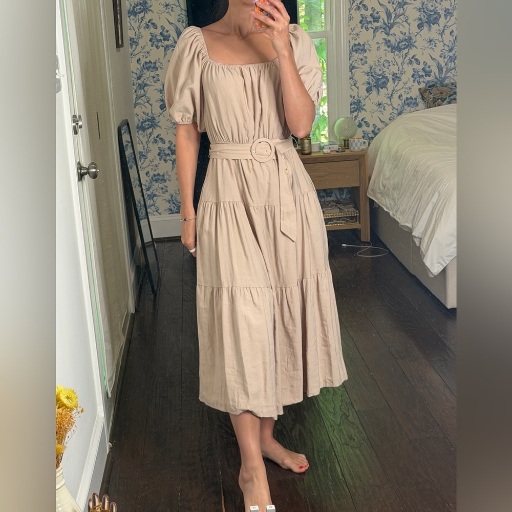 vestique Puff-Sleeve Tiered Maxi Dress in Beige Taupe